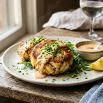 Crab Cakes with Remoulade Sauce — Authentic Maryland Recipe 2 Golden pan-seared jumbo lump crab cakes drizzled with creamy cajun remoulade sauce and fresh chives (AI Generated Image)