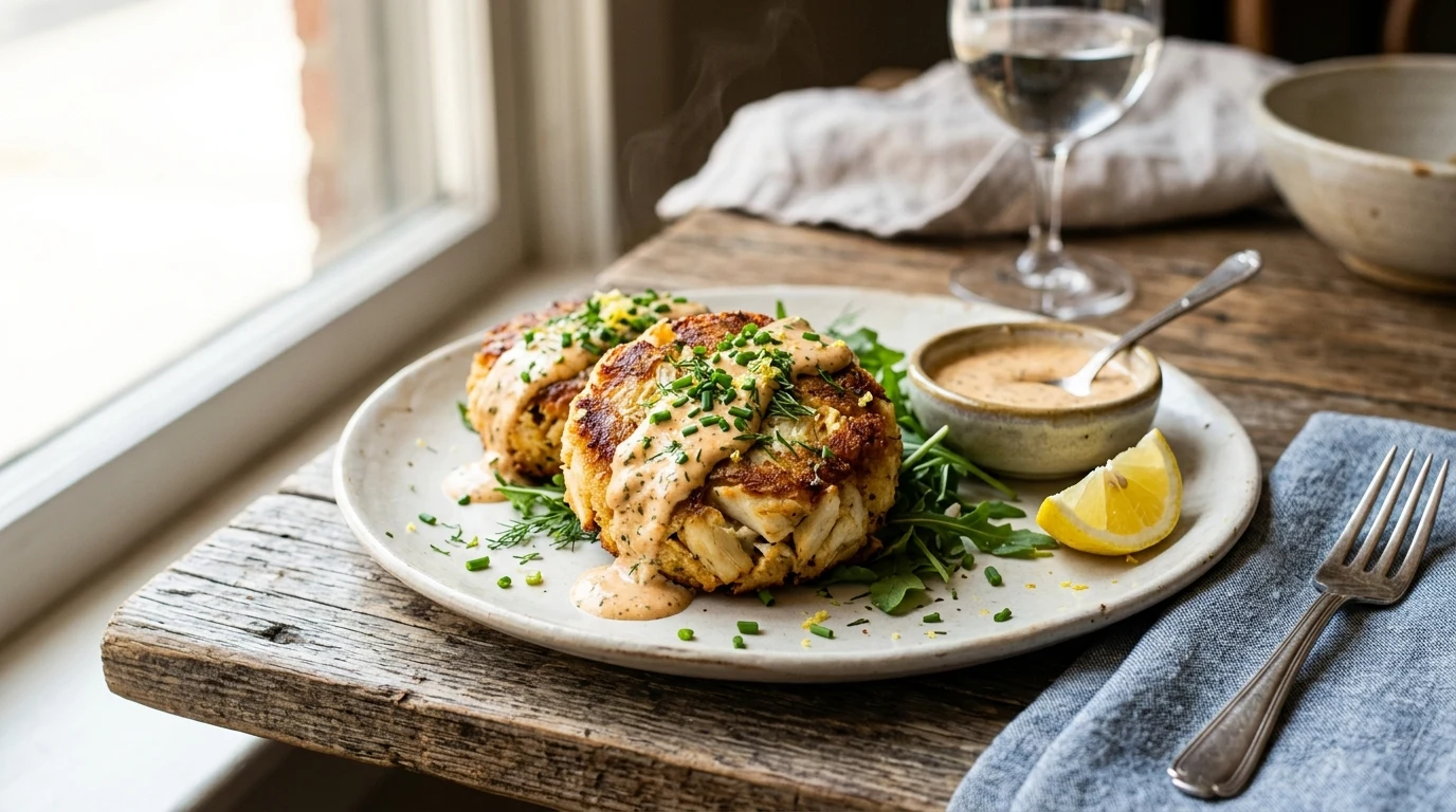 Golden pan-seared jumbo lump crab cakes drizzled with creamy cajun remoulade sauce and fresh chives (AI Generated Image)