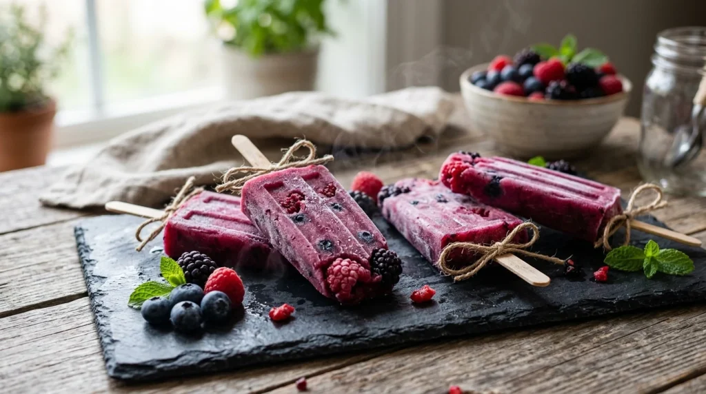 Atkins Friendly Sugar Free Popsicles — Low Carb Frozen Treats 1 Atkins-friendly sugar-free berry popsicles on rustic slate (AI Generated Image)