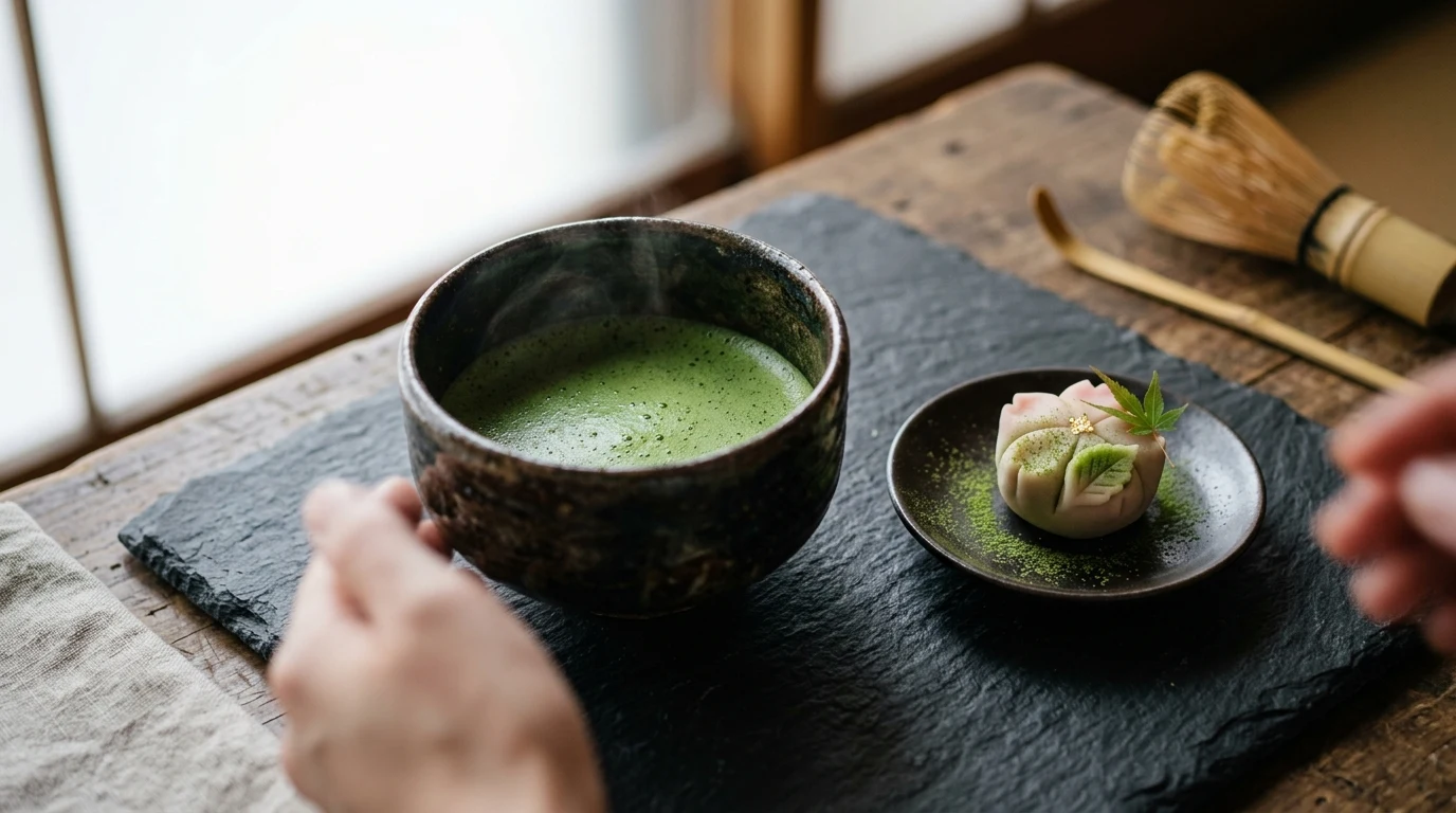 Traditional japanese handcrafted ceramic tea bowl with matcha and seasonal wagashi (AI Generated Image)