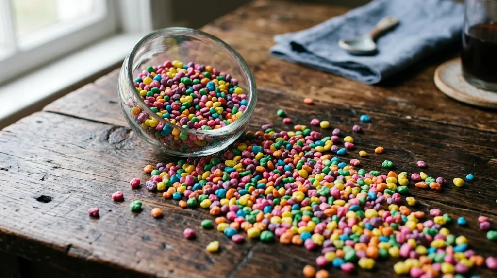 Nerds Candy Facts — History, Science & Flavor Innovations 1 Vibrant colorful tiny tangy crunchy candy pebbles spilling from glass bowl (AI Generated Image)